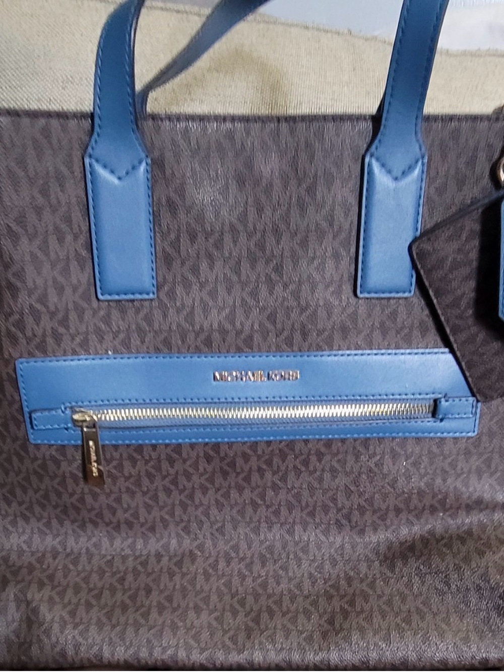 Michael Kors Brown Monogram Tote with Blue Trim